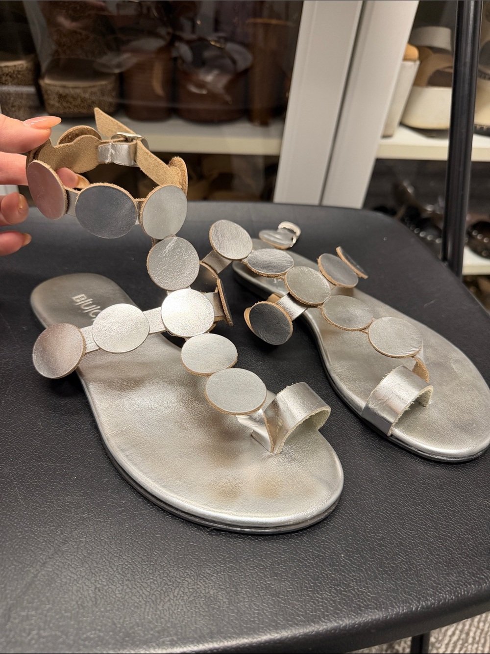 Women's Metallic Silver Circle-Embellished Toe-Ring Sandals